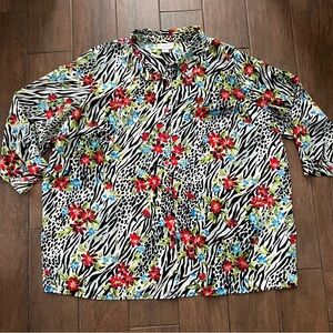 Brylane Womens Collection Floral Vintage Animal Zebra Long Sleeve sz 30W